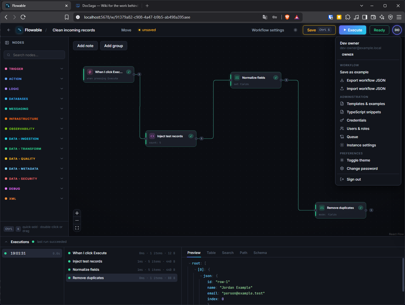 Flowable’s visual workflow editor and execution log