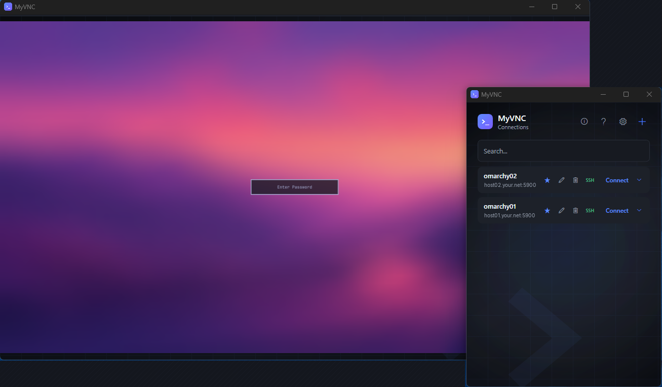 MyVNC’s connection overview with anonymised hosts